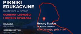 Na grafice promocyjnej przedstawiono informacje dotyczące pikniku edukacyjnego organizowanego w ramach programu ochrony ludności i obrony cywilnej. Materiał zawiera logotypy Państwowej Straży Pożarnej, Akademii Ochrony Ludności i Obrony Cywilnej oraz Ministerstwa Spraw Wewnętrznych i Administracji.
Na plakacie wskazano miejsce i termin wydarzenia – Piekary Śląskie, ul. Karola Miarki 14, rozpoczęcie 13 maja o godz. 11.00. Grafika promuje działania edukacyjne związane z bezpieczeństwem, przygotowaniem do sytuacji kryzysowych oraz ochroną ludności.