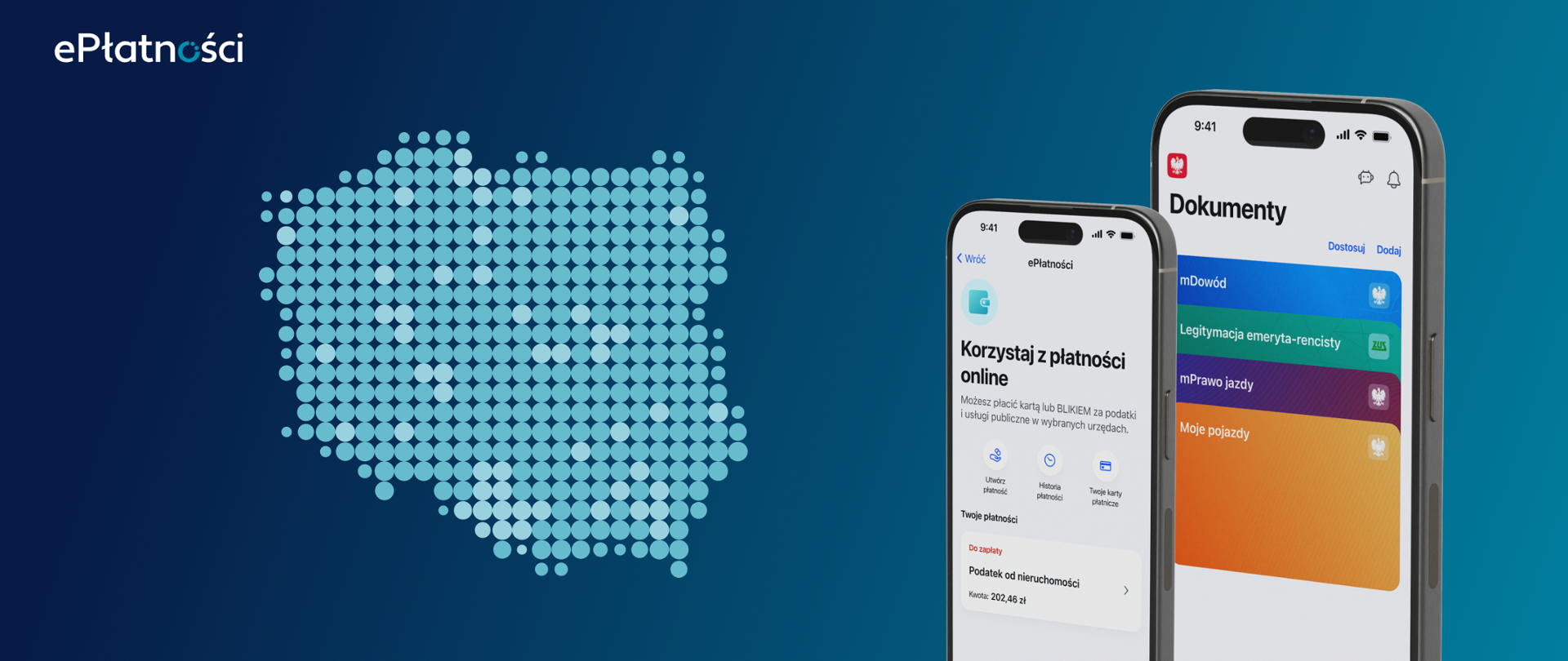 W lewym górnym rogu logo ePłatności na środku kształt Polski, po lewej dwa telefonu z ekranami z usługi z aplikacji mObywatel