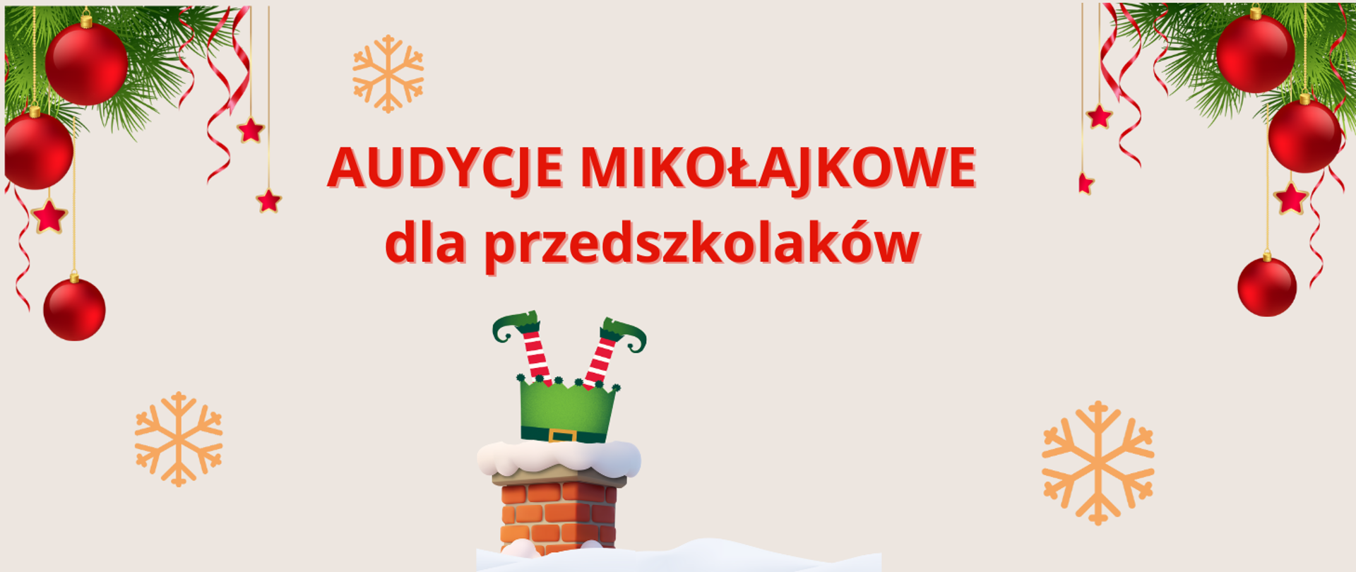 baner na beżowym tle, po bokach bombki, na środku czerwony napis