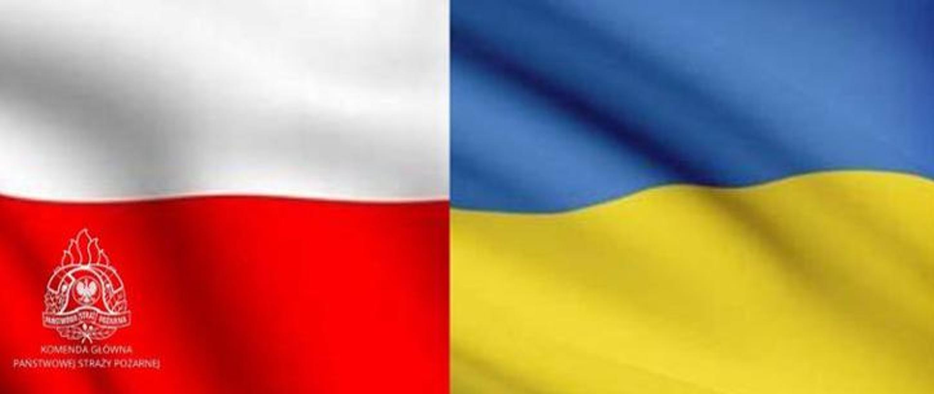 Flagi Polski i Ukrainy na tle flagi polskiej logo PSP z odpisem Komenda Główna Państwowej Straży Pożarnej