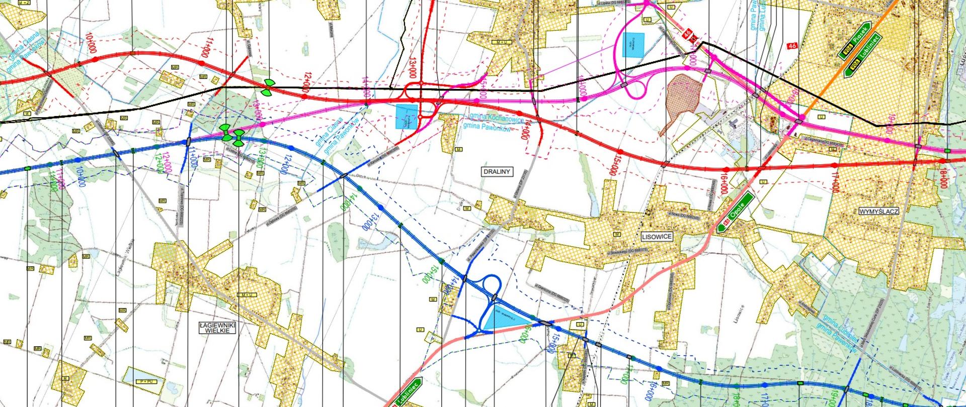 Mapa przedstawia szczegółowy plan regionu z różnymi trasami, drogami i infrastrukturą. Na mapie znajdują się różnokolorowe linie reprezentujące różne typy dróg lub ścieżek, takie jak czerwone, niebieskie i różowe linie. Mapa obejmuje także etykiety wskazujące różne obszary i miejscowości, w tym Glinica, Olesno, Draliny, Łagiewniki Wielkie, Lisowice oraz Wymyślacz. Widać na niej różne symbole, takie jak zielone kółka i kwadraty, które prawdopodobnie oznaczają punkty zainteresowania lub konkretne lokalizacje. Na mapie znajdują się również liczne etykiety numeryczne, takie jak "12000", "13000" i "14000", które mogą oznaczać odległości lub inne miary. Mapa jest bardzo szczegółowa i wydaje się być używana do planowania