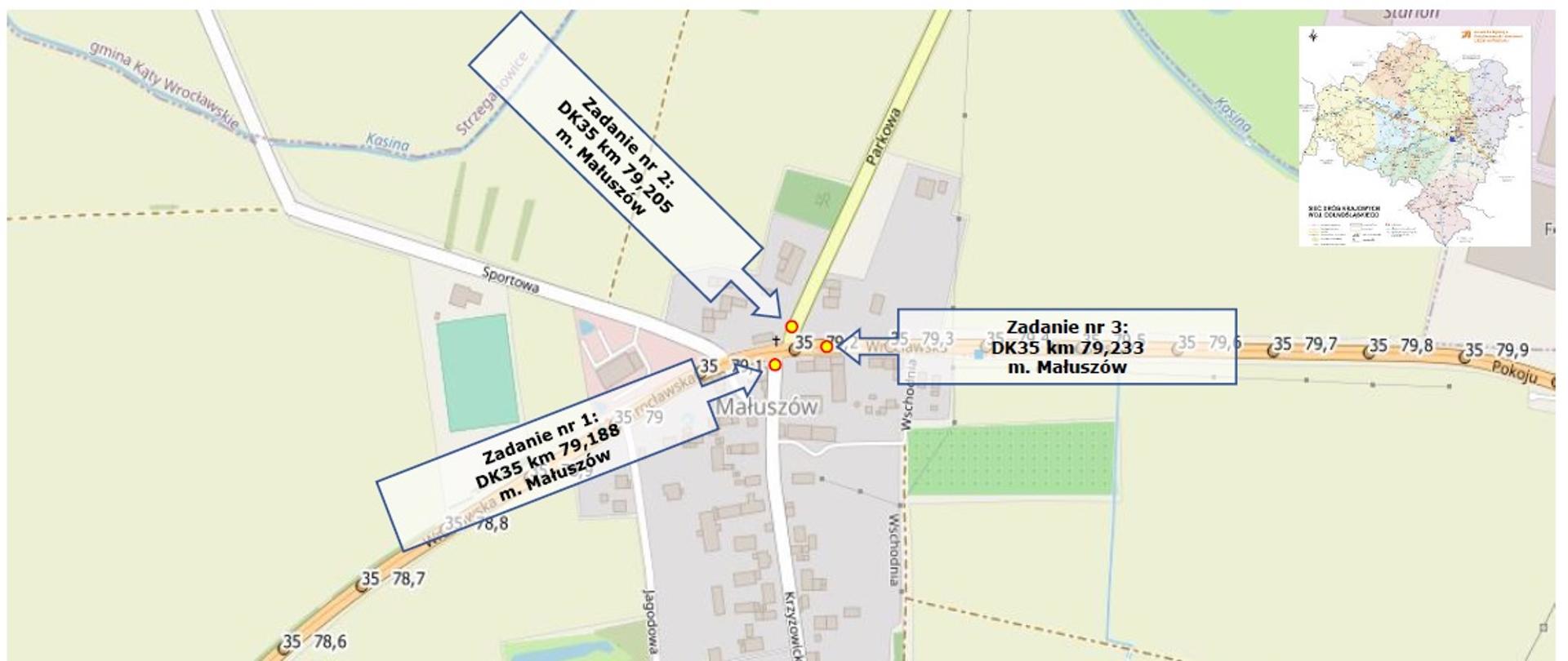 DK35 Małuszów - mapa - trzy przejścia dla pieszych