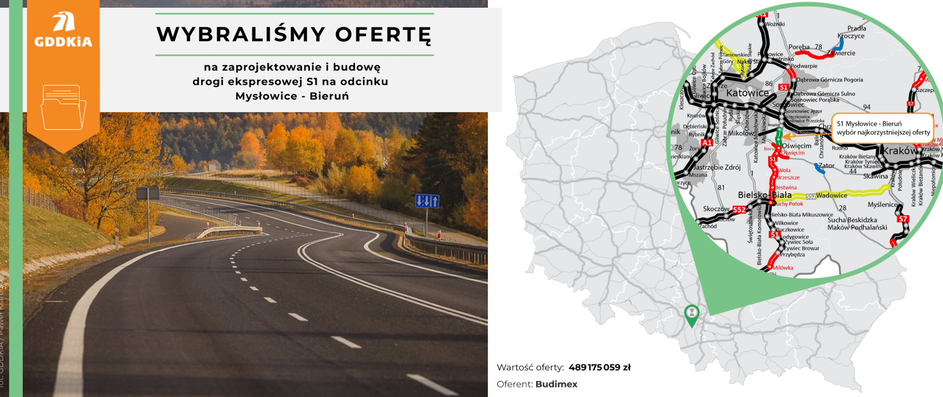 Grafika składająca się z fotografii drogi ekspresowej S1 oraz mapy ze wskazaną lokalizacją odcinka w Polsce i województwie śląskim. Logo GDDKiA. 