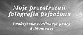 Plakat zapowiadający wystawę pt. Moje przestrzenie- fotografia pejzażowa. Na górze plakatu biały napis z tytułem wystawy oraz że jest to praktyczna realizacja pracy dyplomowej Damiana Frydrycha. Na dole data wystawy 22 kwietnia 2023 r. w Policealnym Studium przy ul. Mirandoli Pika 8. Tłem do plakatu jest pustynny pejzaż w odcieniach szarości. 
