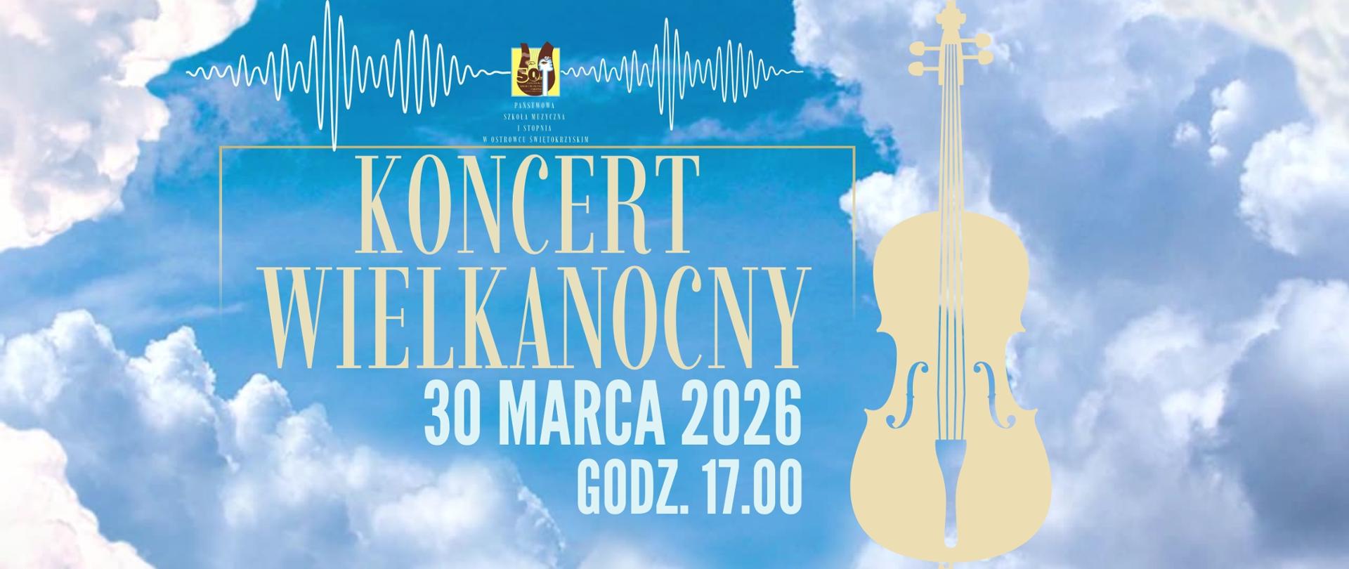 napisy w kolorze białym na niebieskim tle z chmurami w kolorze białym ze zdjęciem skrzypiec po lewej stronie z logiem szkoły w jej centralnej części