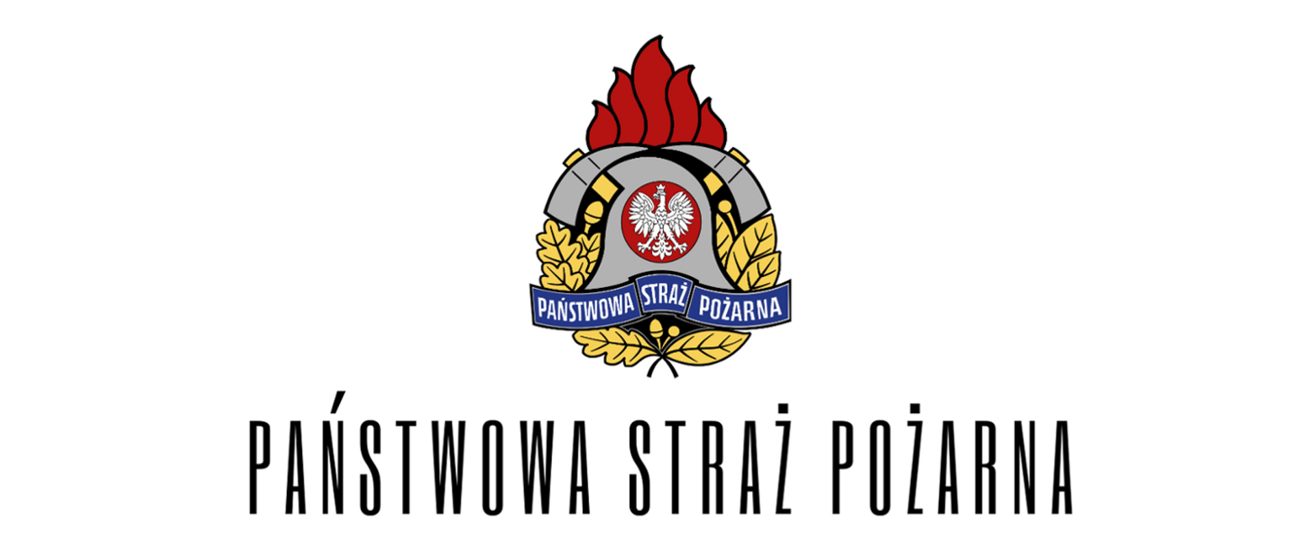 Kolorowe zdjęcie przedstawia logotyp państwowej straży pożarnej (hełm z białym orłem, dwa topory, płomień, żółte liście, i biały napis państwowa straż pożarna na niebieskiej wstędze). Pod spodem czarny napis państwowa straż pożarna.