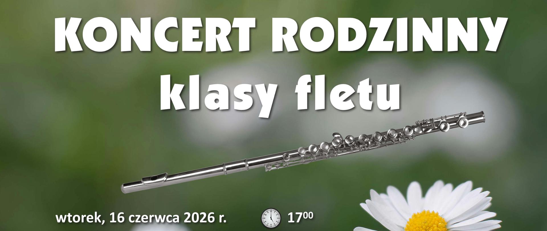 plakat Koncertu rodzinnego klasy fletu na rozmytym tle łąki ze stokrotkami