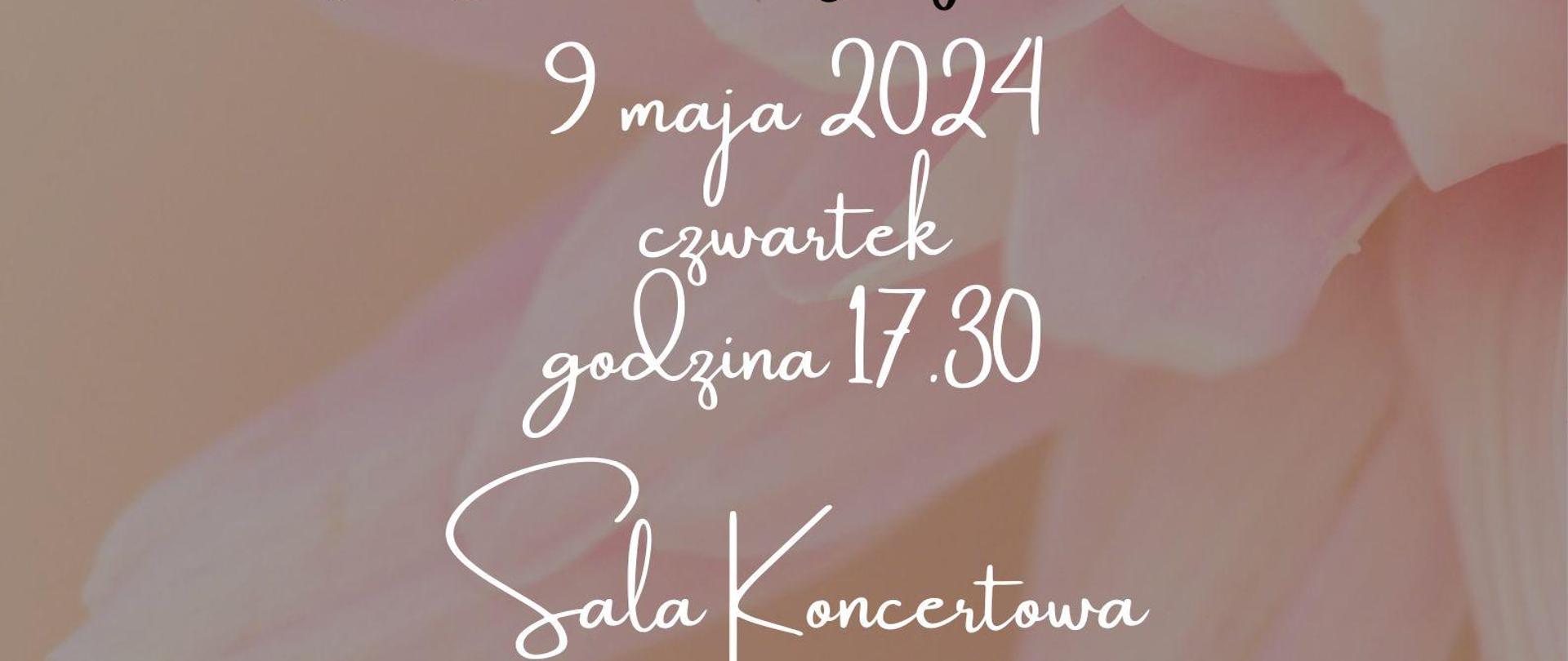 w tle różowy kwiat na środku biało-czarne napisy informujące o wykonawcach, dacie i miejscu wydarzenia