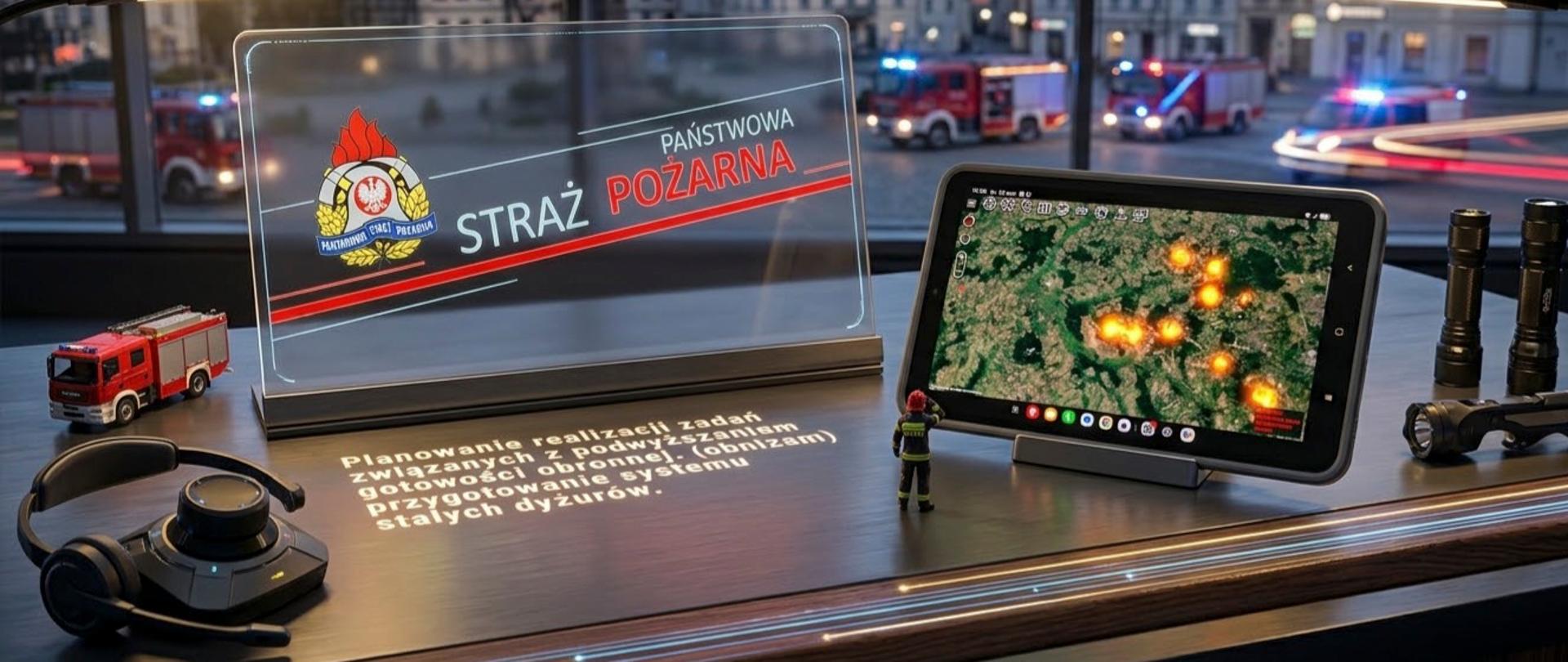 Zdjęcie przedstawia grafikę logo Państwowej Straży Pożarnej. W tle grafiki stoi pojazd pożarniczy zaś z przodu tablet z latarkami i figurką strażaka