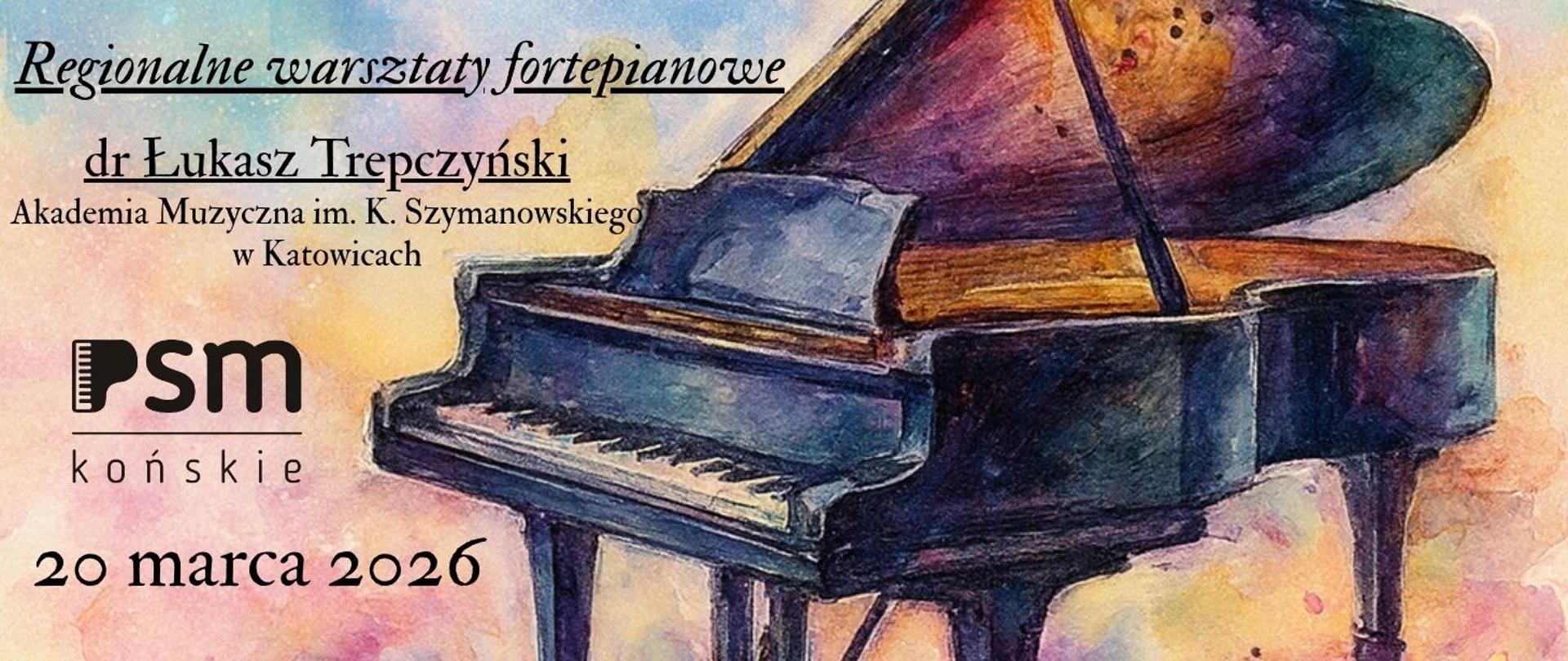 baner w kolorach pastelowych przedstawiające fortepian i czarne litery informujące o warsztatach