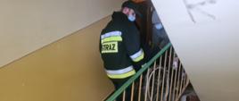 Na zdjęciu widać strażaka który wyprowadza starszą kobietę na wózku z mieszkania.