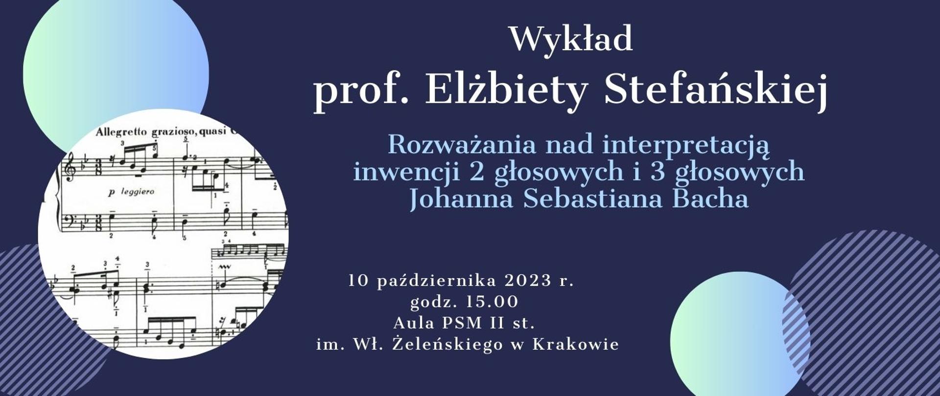 Na granatowym tle geometryczne kształty oraz informacja o wykładzie nt. interpretacji inwencji J. S. Bacha 