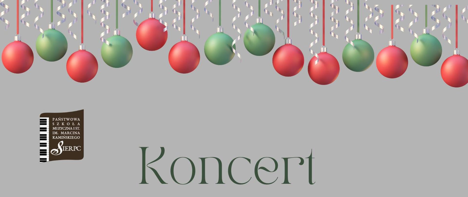 Na szarym tle na górze plakatu bombki w kolorze zielonym i czerwonym. Poniżej tekst: Koncert klasy akordeonu, data: 17.12.2025 r., godz. 16.00. W prawym i lewym dolnym rogu zielone choinki, pomiędzy choinkami akordeon.