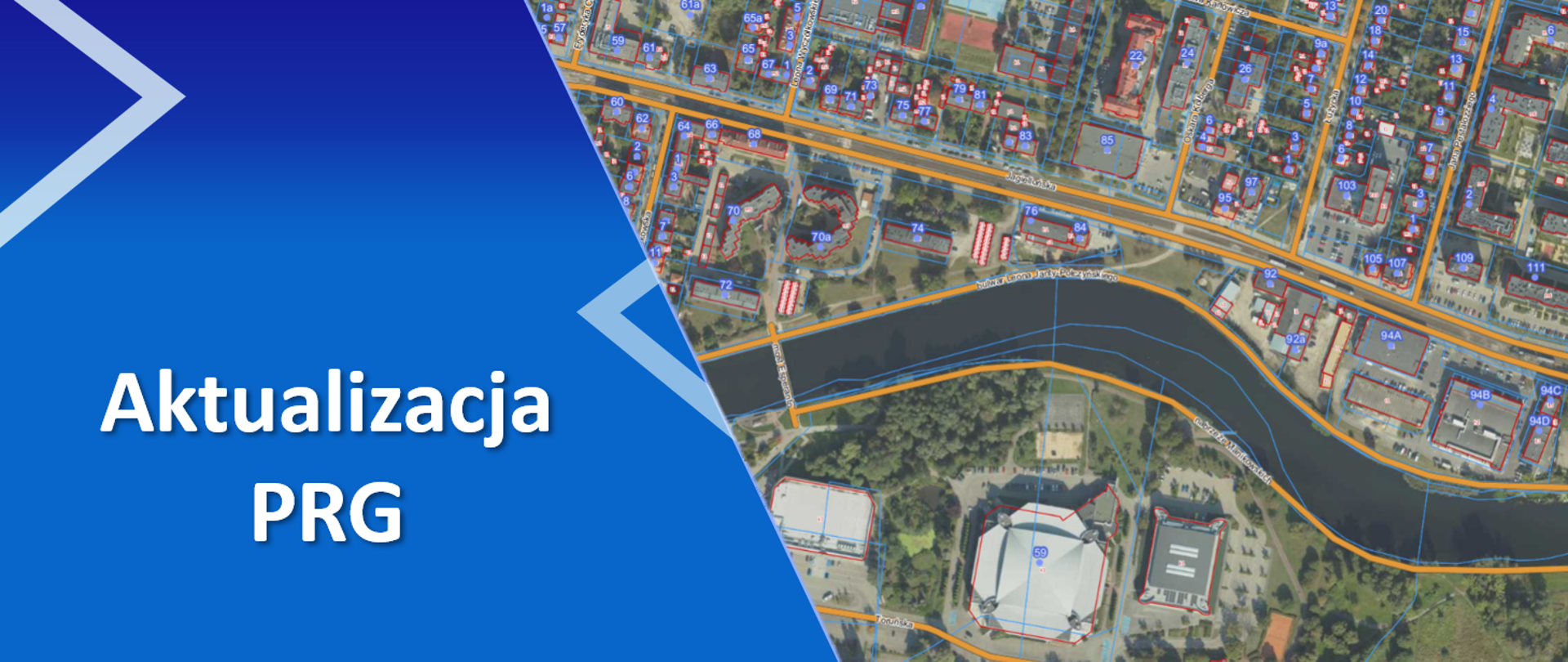 Baner z napisem Aktualizacja PRG i zrzutem ekranu ze zdjęciem pokazującym PRG w Geoportalu