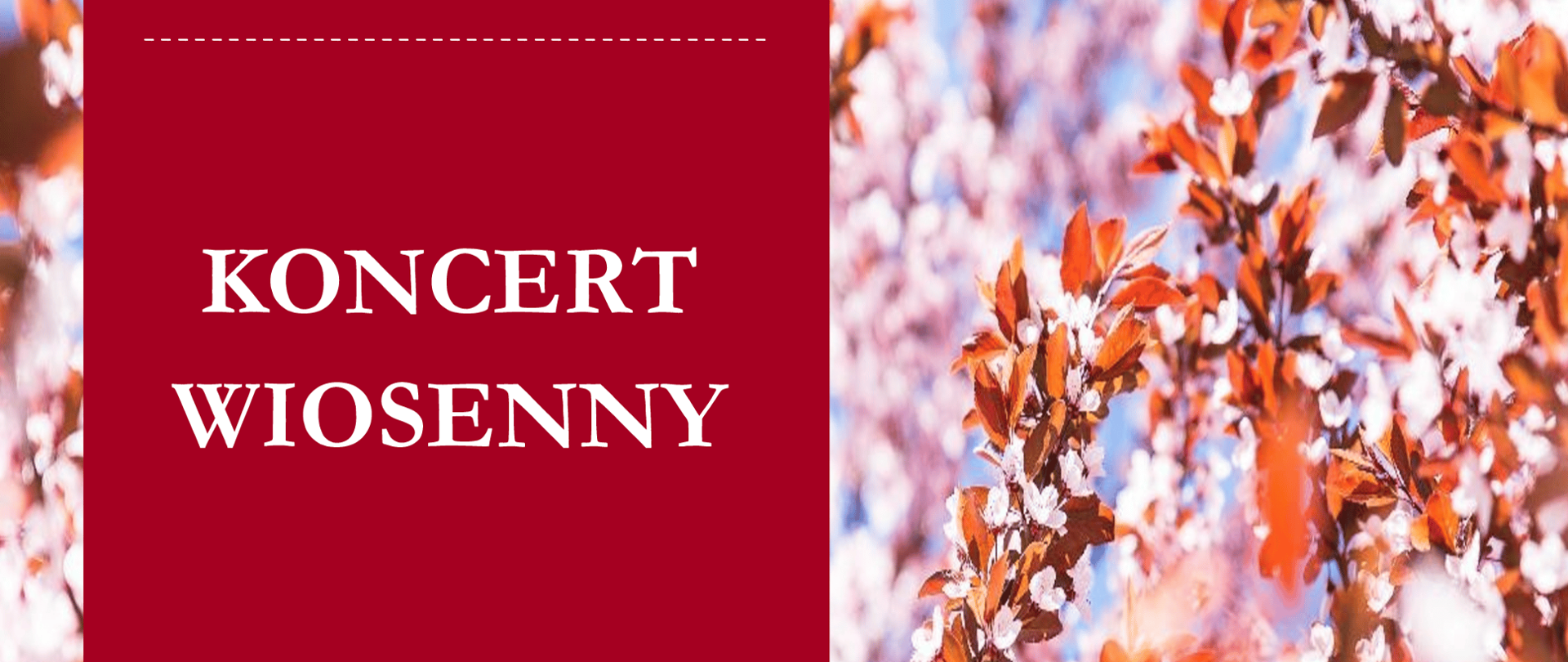 plakat o kolorystyce wiosennej. Po lewej czerwony pas z napisami w kolorze białym. Tło z drzewem kwitnącej wiśni.