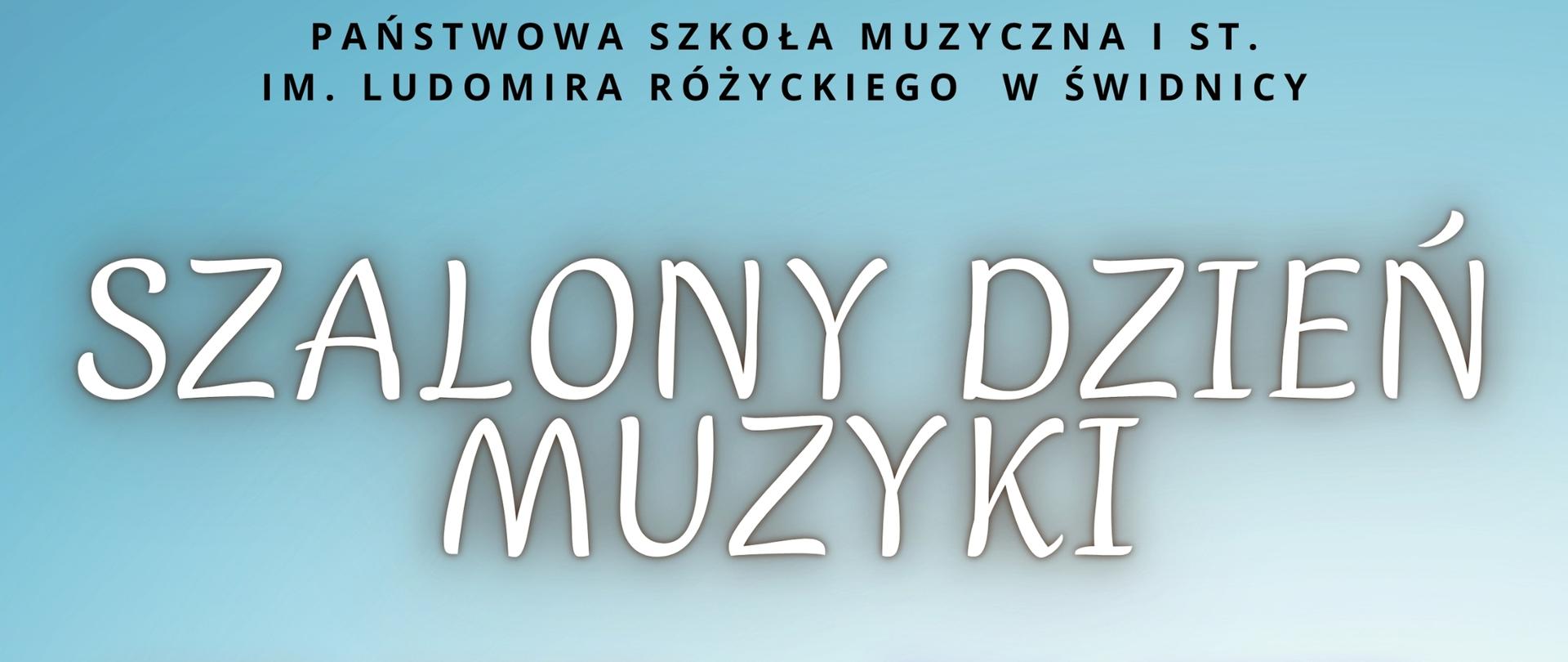Plakat informuje o "Szalonym dniu muzyki" . Tło szare cieniowane, na dole po prawej rysunki instrumentów muzycznych, po lewej stronie grafika nutowa w kolorze czarnym . Na górze cieniowany biały napis " Szalony dzień muzyki" poniżej informacje i daty wydarzenia.