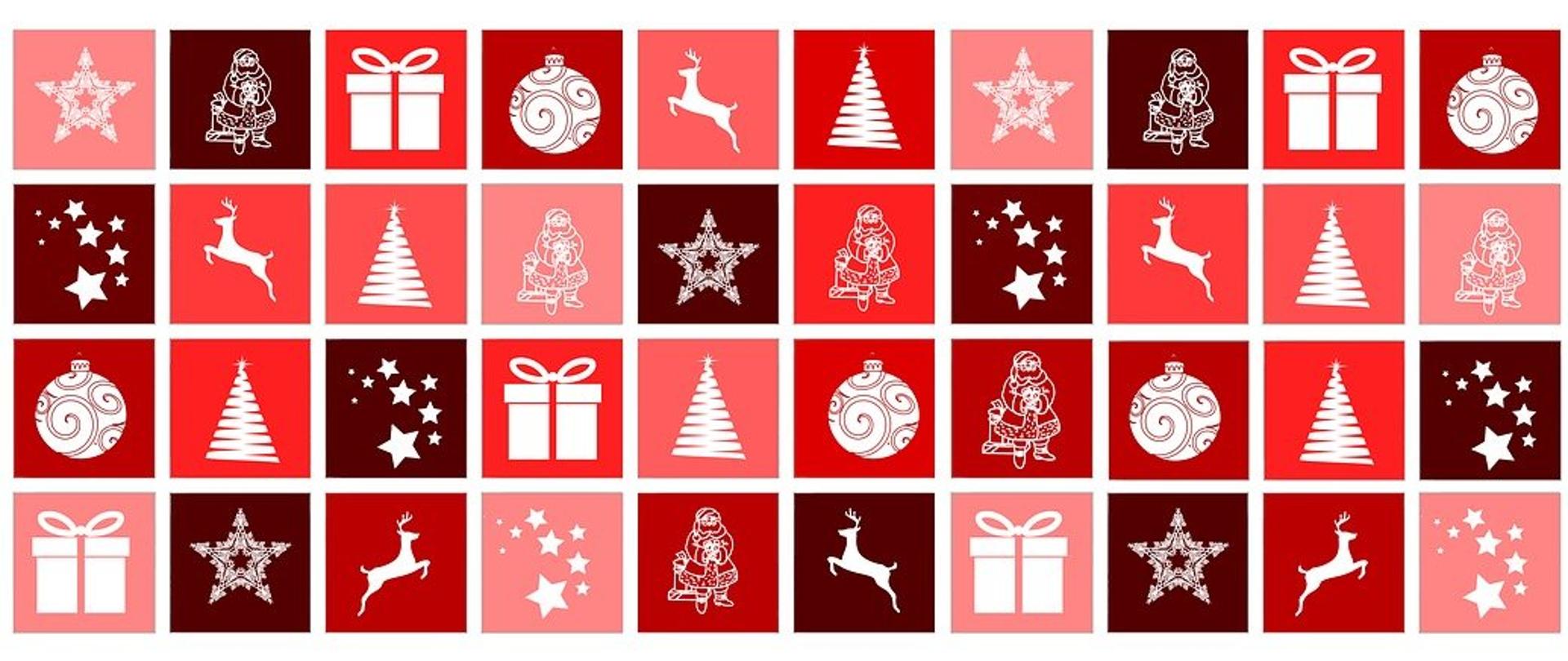 Na obrazku utrzymanym w czerwonej kolorystyce widać mozaikę utworzoną z kwadratów, wewnątrz których znajdują się białe symbole związane ze swiętami bożego narodzenia. Są to: choinka, św. mikołaj, bombka, prezent, gwiazdki.