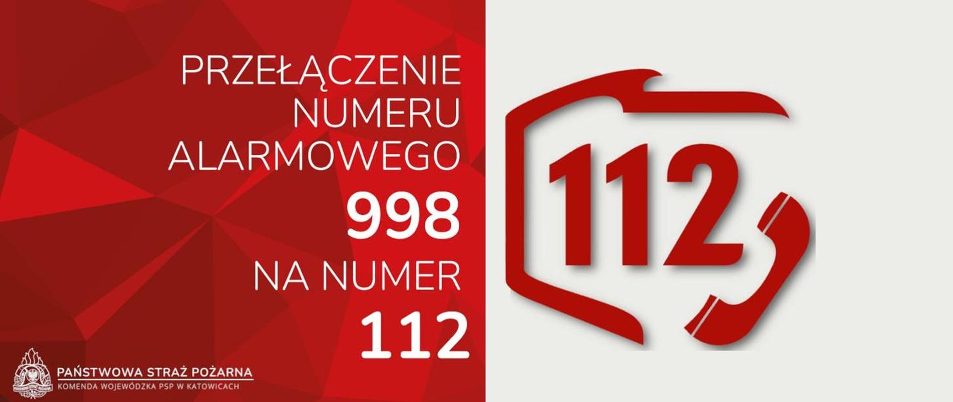 Po lewej stronie na czerwonym tle napis Przełączenie numeru alarmowego 998 na numer 112, logo oraz podpis Państwowa Straż Pożarna Komenda Wojewódzka PSP w Katowicach, po prawej stronie na białym tle numer 112