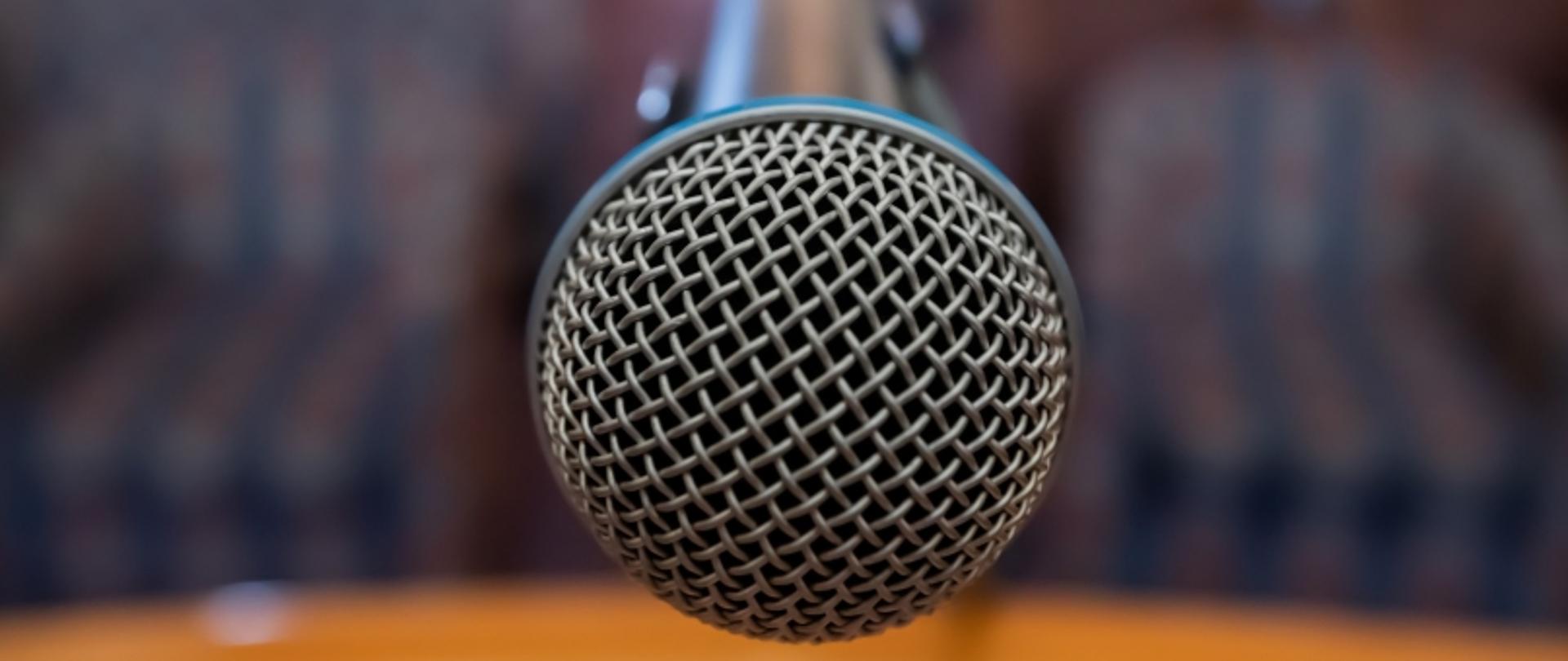 Zbliżenie na mikrofon z metalową siatką; rozmyte tło.