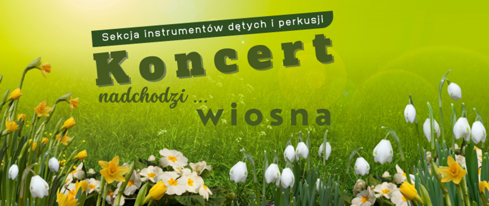 Na tle zielonej trawy z wiosennymi kwiatami napis: Sekcja instrumentów detych i perkusji Koncert nadchodzi ...wiosna 