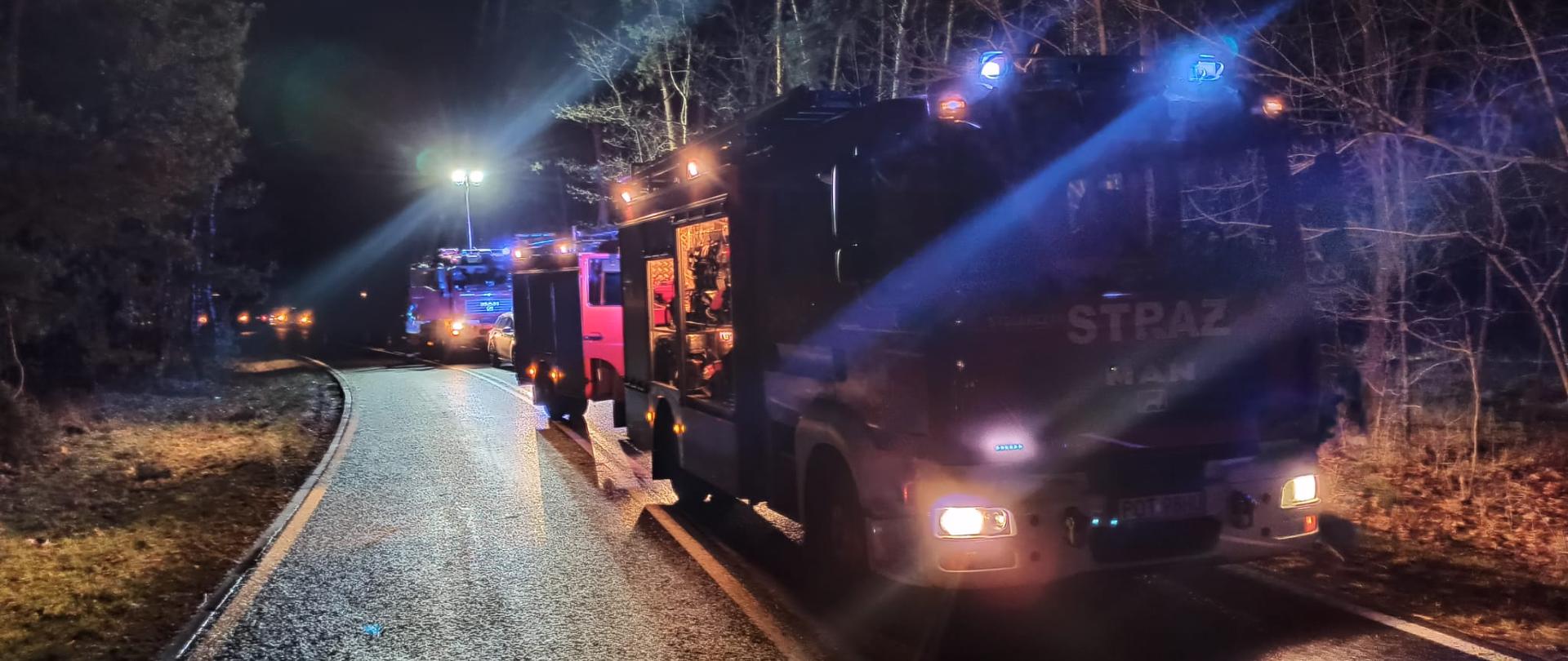 Zdjęcie przedstawia działania ratownicze strażaków podczas kolizji dwóch samochodów osobowych w miejscowości Zalesie. Na zdjęciu widoczne 3 pojazdy ratowniczo - gaśnicze. Zdjęcie wykonane w porze nocnej na drodze.