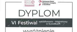 Dyplom Konrada Pankiewicza z wyróżnieniem na szóstym festiwalu saksofonowo klarnetowym w Suwałkach w dniach od dwudziestego trzeciego do dwudziestego piątego kwietnia dwa tysiące dwudziestego szóstego roku