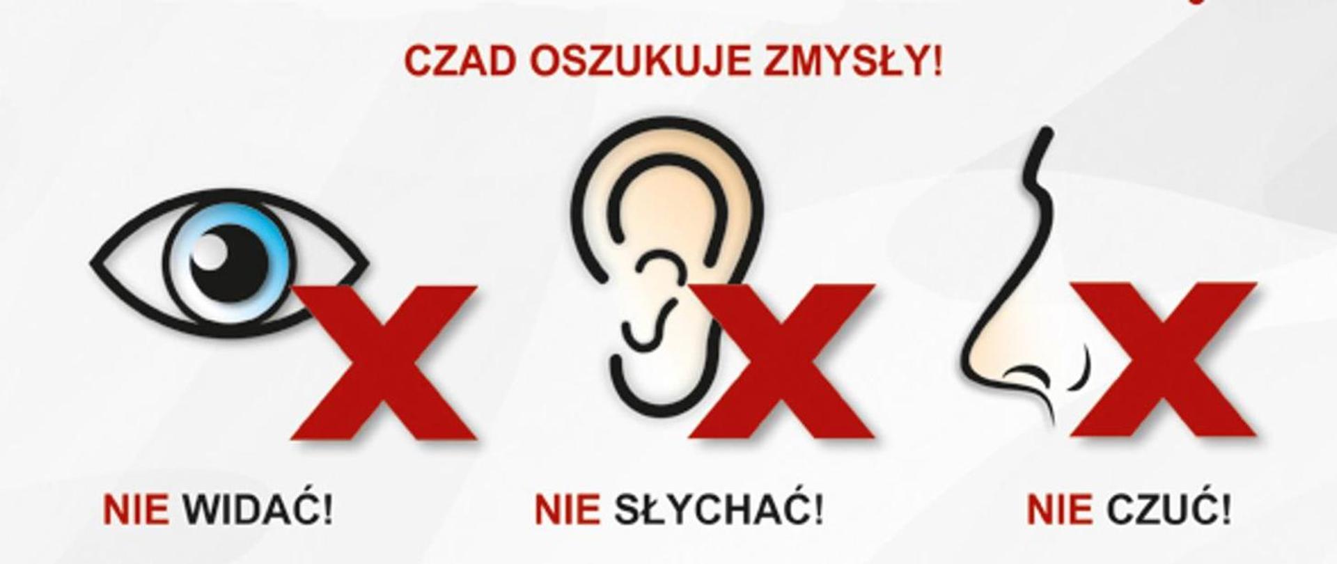 Baner promujący kampanie "Czujka na straży twojego bezpieczeństwa"
Na banerze ikonki oka, ucha i nosa człowieka z przekreśleniem, symbolizujące, że zmysły człowieka nie wyczuwają czadu, czyli tlenku węgla.
