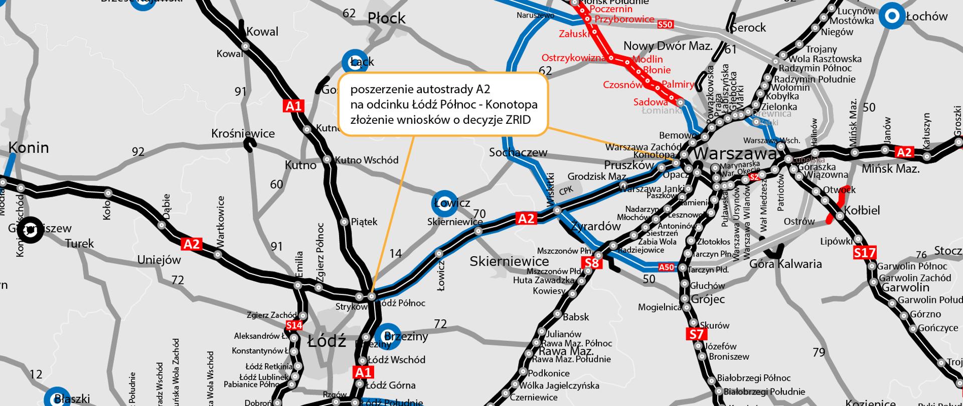 Mapa z zaznaczonym odcinkiem autostrady A2 między Łodzią a Warszawą, który zostanie poszerzony.