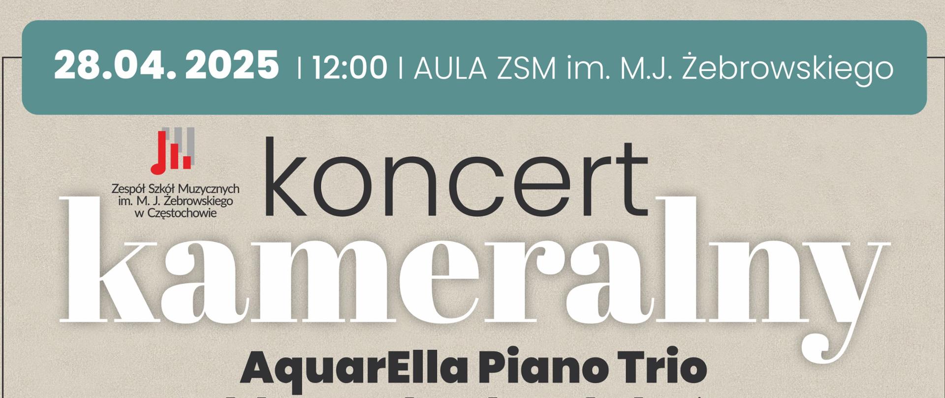 Beżowe tło z kolorowa grafiką instrumentów i roślin, po lewej logo szkoły, tekst dotyczący koncertu kameralnego 28 kwietnia 2025 r. o godz. 12.00 w Auli ZSM