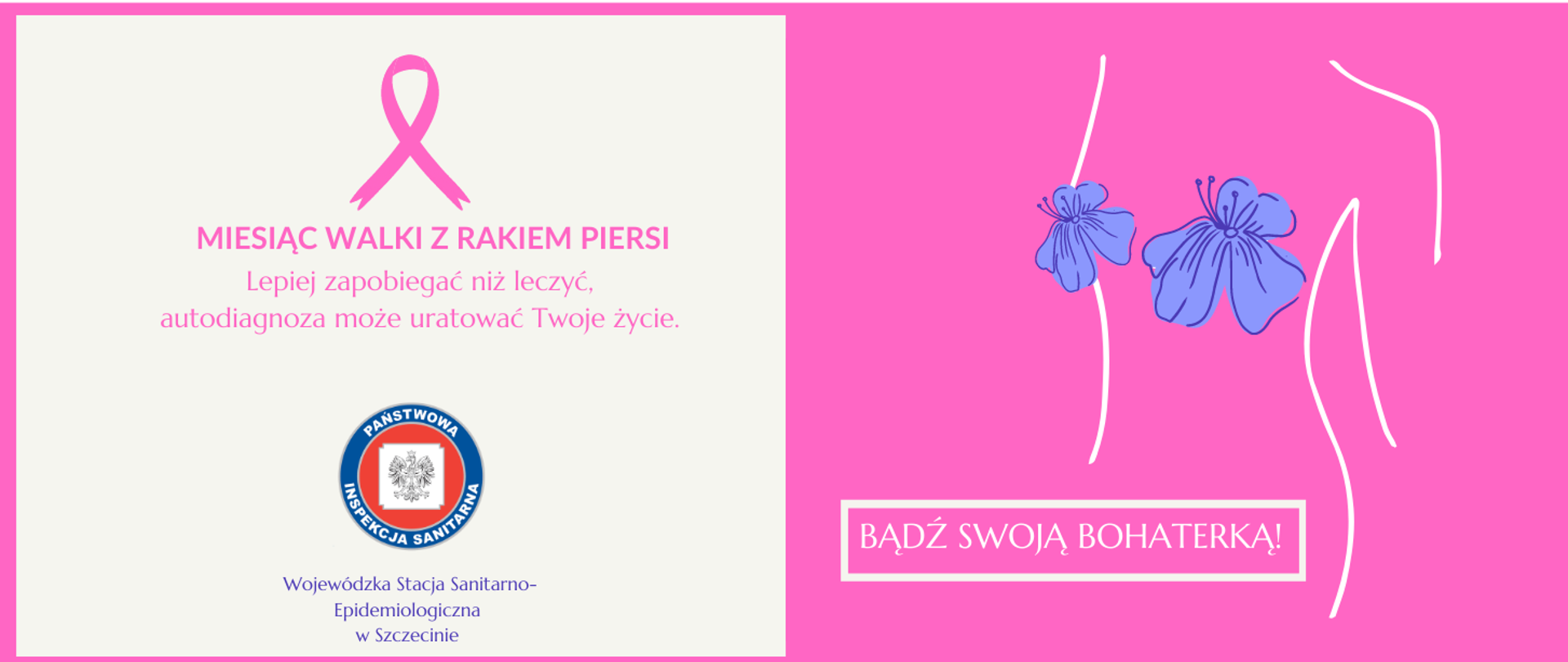 Z lewej strony obrazka na białym tle u góry widnieje różowa wstążka, Pod nią różowy napis "Miesiąc walki z rakiem piersi. Lepiej zapobiegać niż leczyć, autodiagnoza może uratować Twoje życie" Pod napisem widoczne logo Państwowej Inspekcji Sanitarnej. (W niebiesko-czerwonym kółku umieszczony orzeł.) Poniżej fioletowy napis "Wojewódzka Stacja Sanitarno-epidemiologiczna w Szczecinie". Po prawej stronie na różowym tle zarys tułowia kobiety, w miejscu piersi umieszczone fioletowe kwiaty, poniżej umieszczono hasło kampanii "BĄDŹ SWOJĄ BOHATERKĄ!"