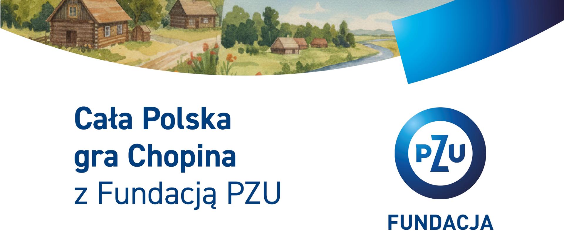 Na górze plakatu wiejskie pejzaże. Na pejzażach biały zarys pianisty grającego na fortepianie. Poniżej informacje o Koncercie, miejsce: PSM I st. w Sierpcu, data: 07.11.2025 r., godz. 17.00. Na dole plakatu informacja o pomysłodawcy projektu: Fundacja PZU, Organizatorze: Europejskie Centrum Artystyczne im. Fryderyka Chopina w Sannikach, Partnerze: PSM I st. w Sierpcu.