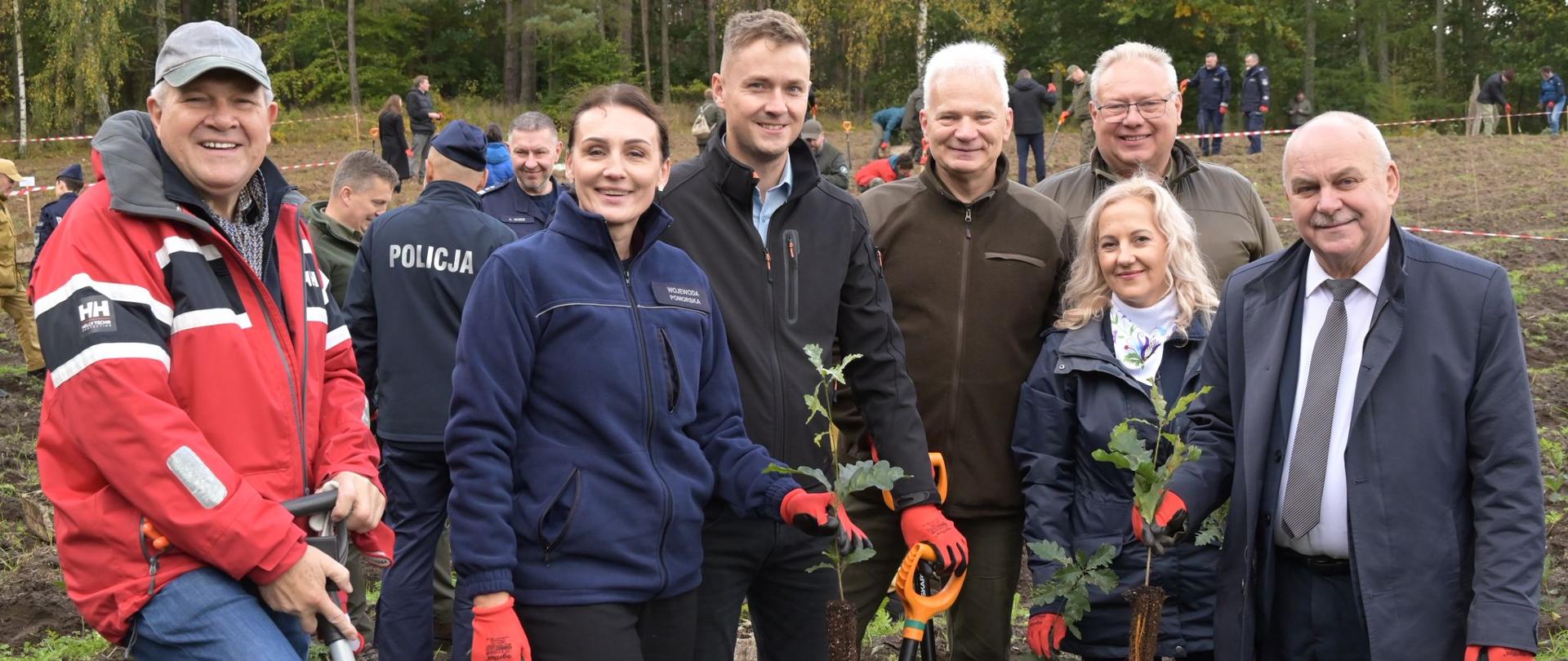 grupa osób sadzi las