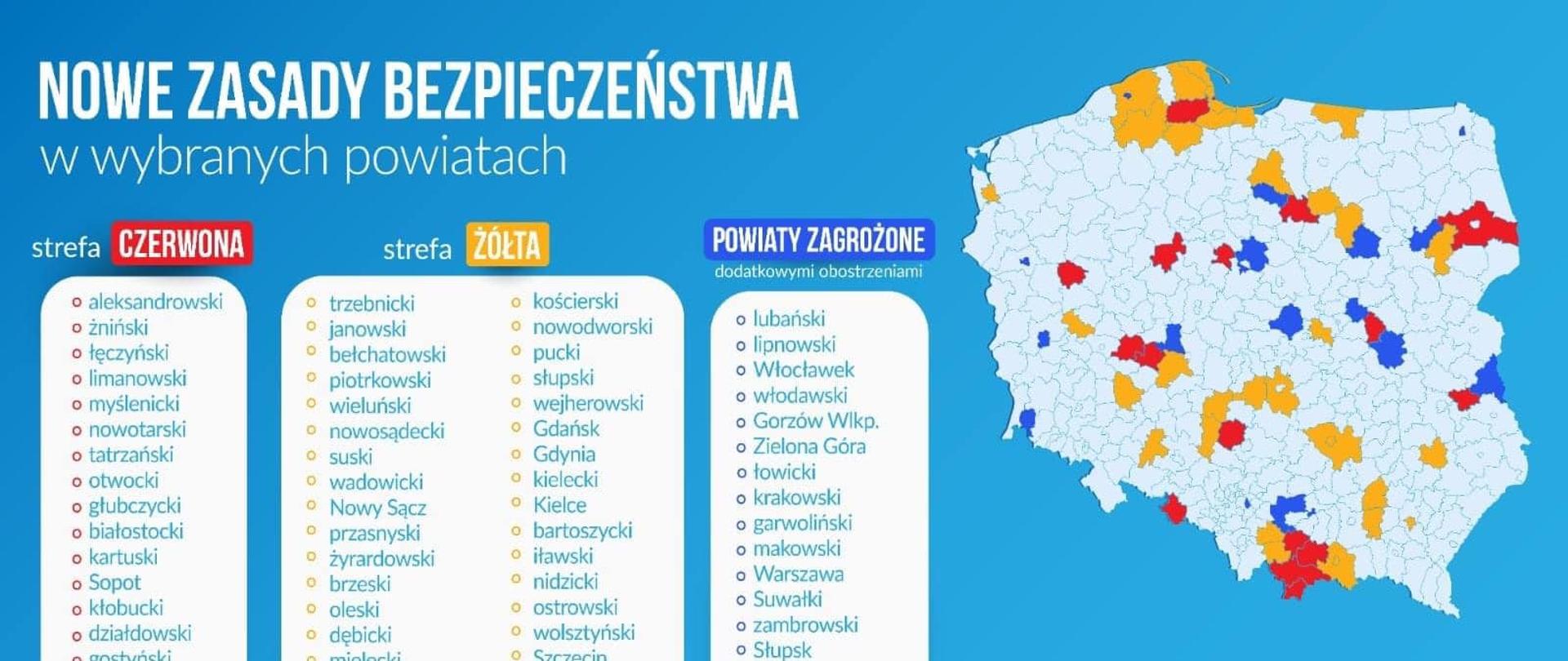 Mapa powiatów objętych strefą czerwoną i żółtą