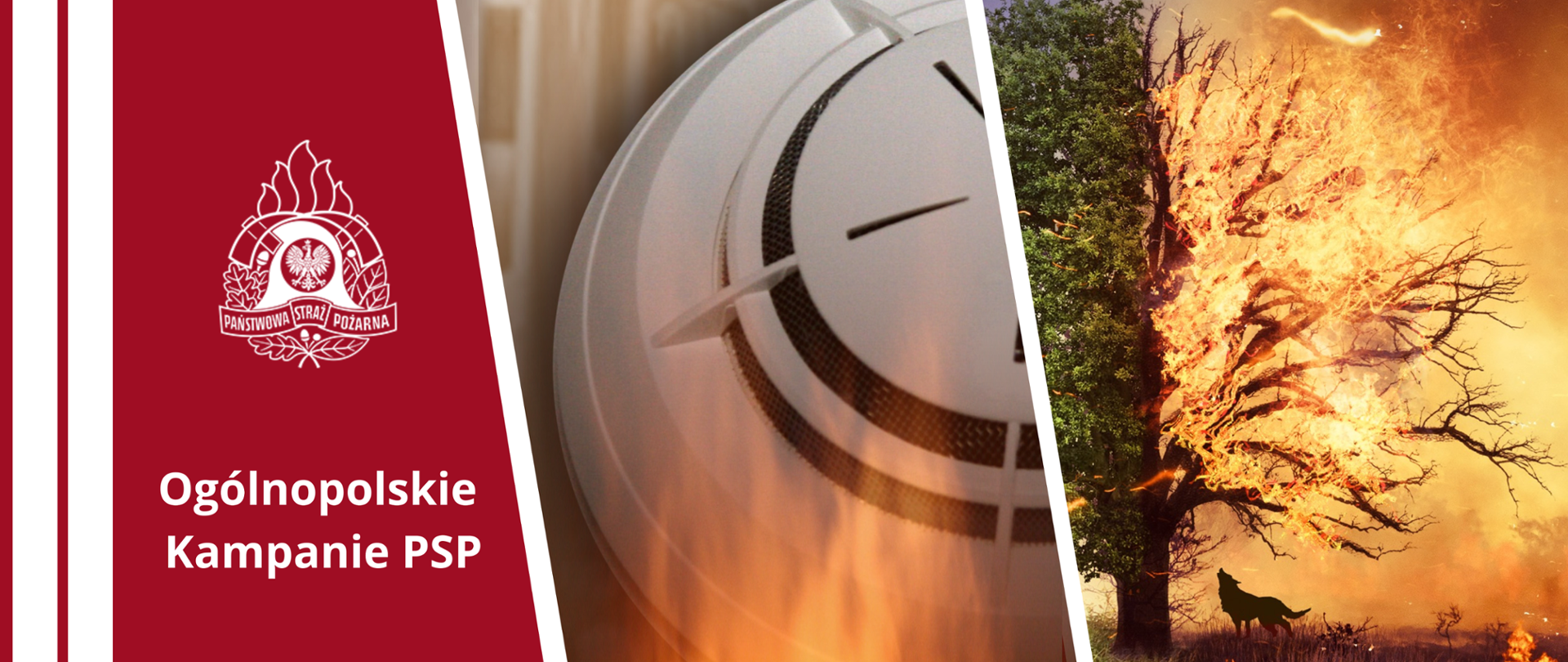 baner z napisem Ogólnopolskie Kampanie PSP, nad nim logo PSP, obok zdjęcie czujki, oraz zwierzę pod płonącym drzewem 