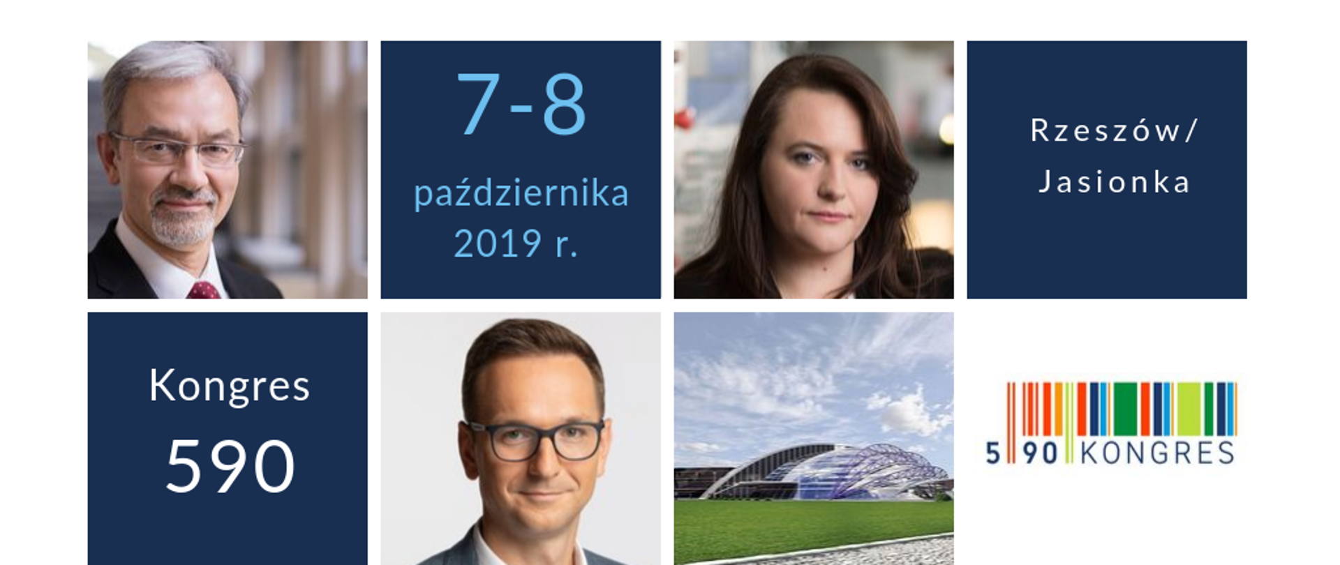 grafika z napisami Kongres 590, 7-8 października 2019 r., Rzeszów-Jasionka i zdjęciami ministra Jerzego Kwiecińskiego, wiceminister Małgorzaty Jarosińskiej-Jedynak i wiceministra Waldemara Budy, obok logotypy kongresu i ministerstwa