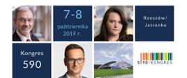 grafika z napisami Kongres 590, 7-8 października 2019 r., Rzeszów-Jasionka i zdjęciami ministra Jerzego Kwiecińskiego, wiceminister Małgorzaty Jarosińskiej-Jedynak i wiceministra Waldemara Budy, obok logotypy kongresu i ministerstwa