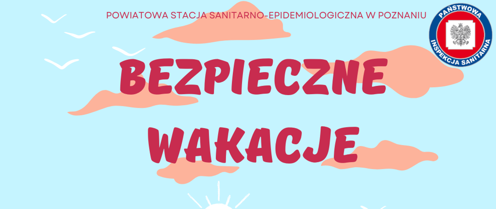 Obrazek przedstawiający mężczyznę i kobietę na plaży pod parasolem. U góry na tle nieba czerwony napis bezpieczne wakacje