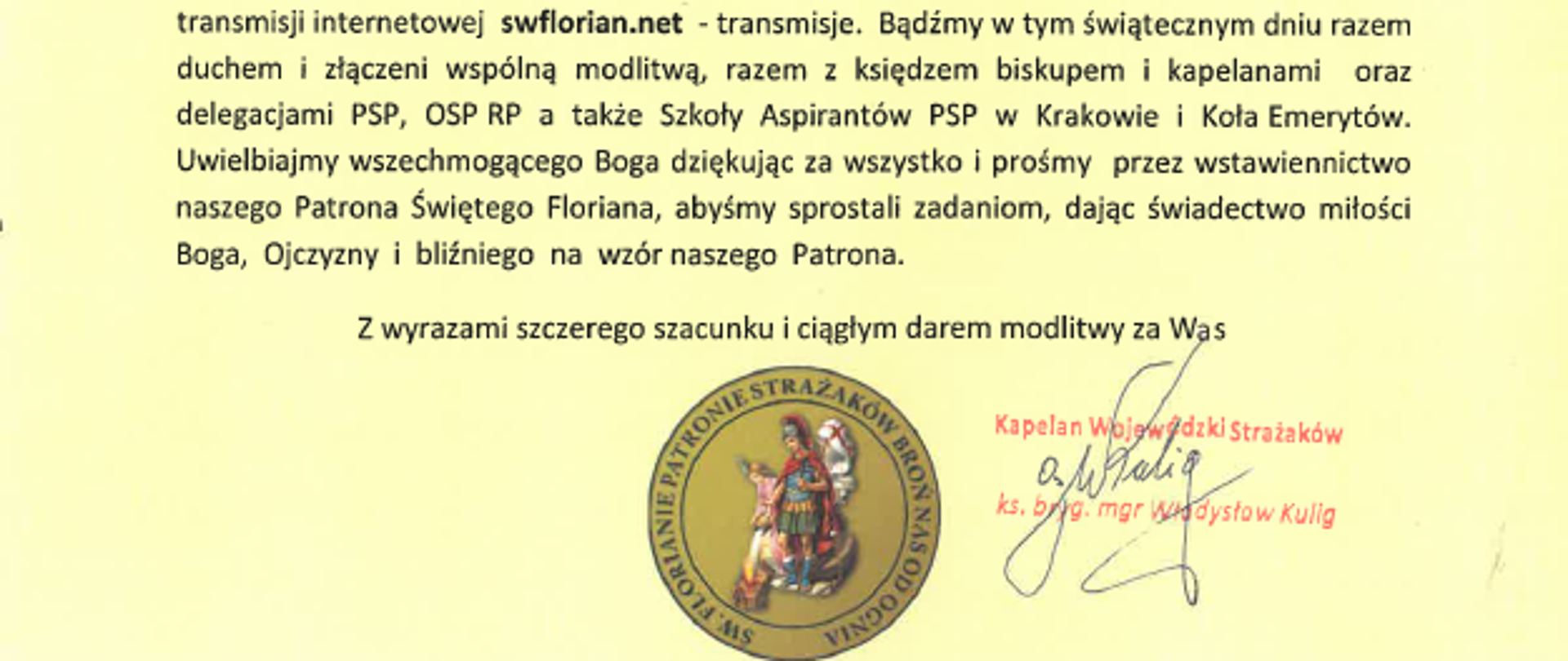 Życzenia Małopolskiego Kapelana Strażaków ks. bryg. Władysława Kuliga z okazji Dnia Strażaka 2021