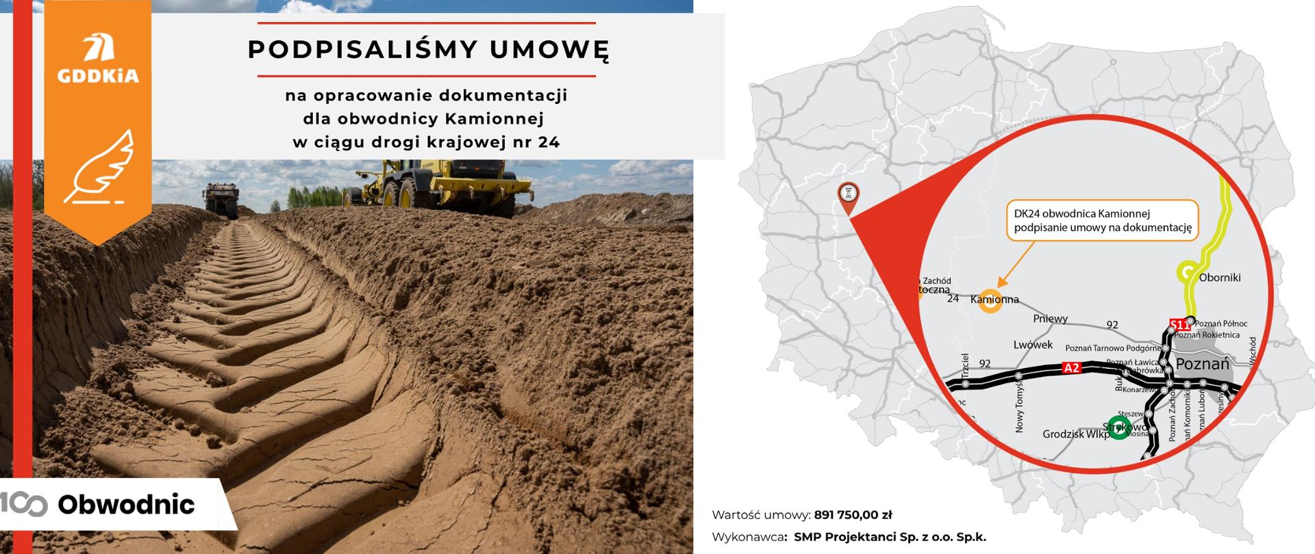 Infografika dot. podpisania umowy na opracowanie dok. dla obwodnicy Kamionnej w ciągu DK24