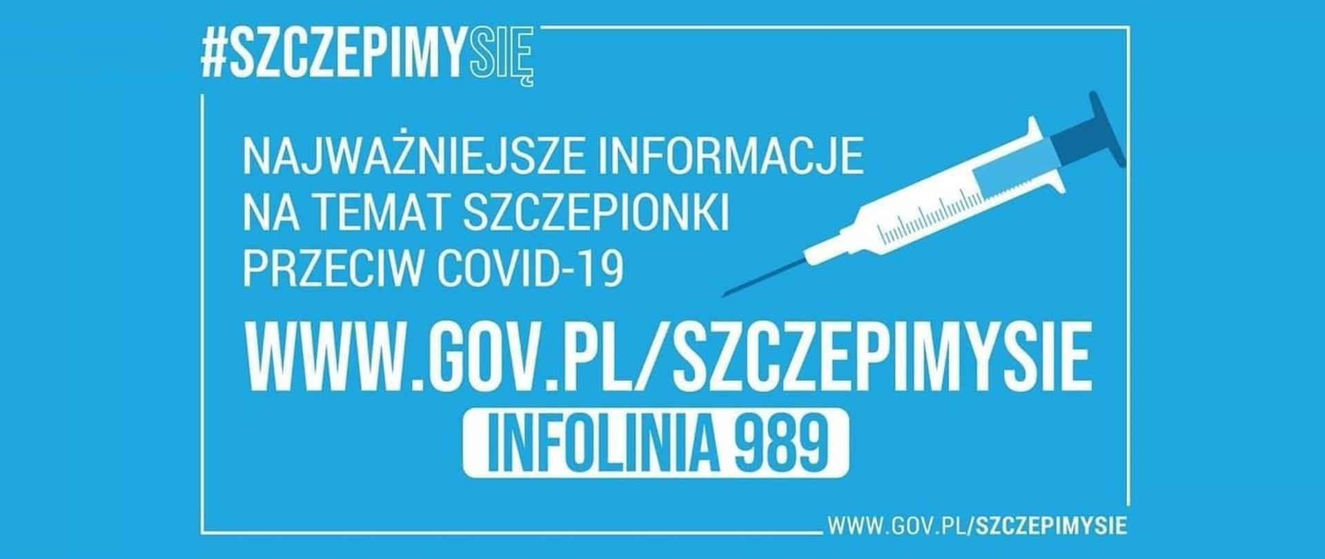 Grafika #szczepimsię białe napisy na niebieskim tle.