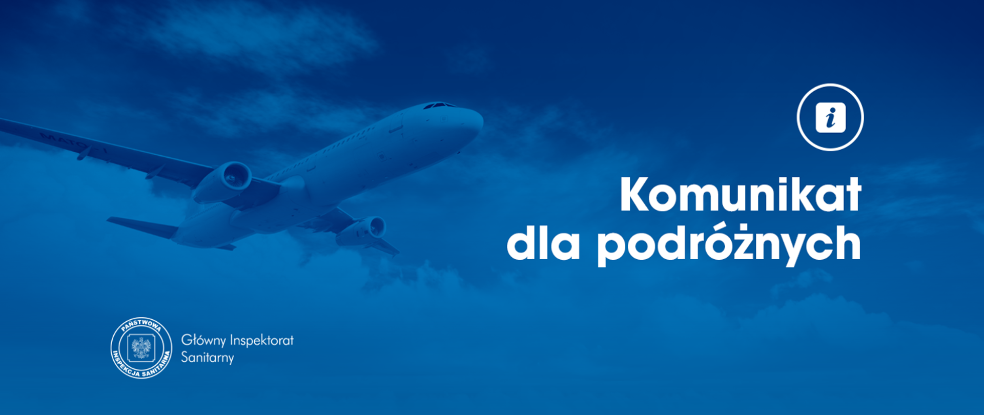 Samolot na niebieskim tle i biały napis "Komunikat dla podróżnych" logo PIS