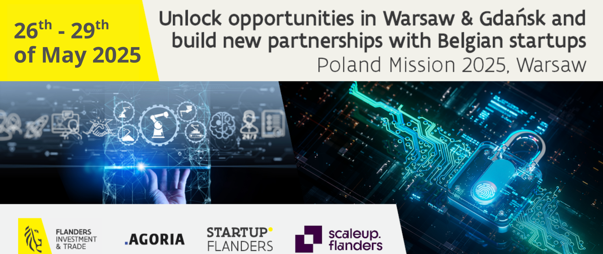 Infografika zawiera datę wydarzenia (26-29 maja 2025), logotypy organizatorów, tekst "Unlock opportunities in Warsaw & Gdańsk and build new partnerships with Belgian startups.