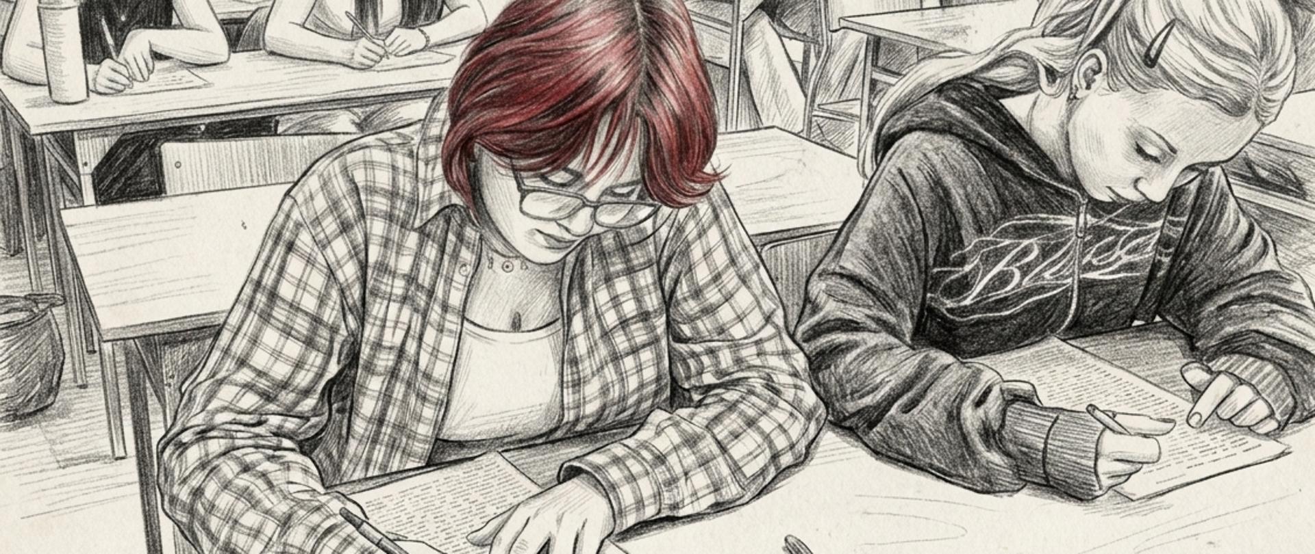 Ilustracja przedstawiająca klasę szkolną podczas pracy pisemnej. Kilku uczniów siedzi pojedynczo przy ławkach i pisze na kartkach. Na pierwszym planie znajdują się dwie osoby pochylone nad tekstami, a w tle widoczni są pozostali uczestnicy zajęć. Rysunek wykonano w odcieniach szarości, z częściowym podkreśleniem wybranych elementów czerwonym kolorem.