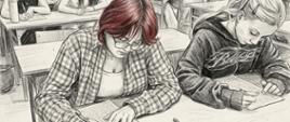 Ilustracja przedstawiająca klasę szkolną podczas pracy pisemnej. Kilku uczniów siedzi pojedynczo przy ławkach i pisze na kartkach. Na pierwszym planie znajdują się dwie osoby pochylone nad tekstami, a w tle widoczni są pozostali uczestnicy zajęć. Rysunek wykonano w odcieniach szarości, z częściowym podkreśleniem wybranych elementów czerwonym kolorem.
