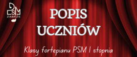na czerwonym tle imitującym kotarę białe napisy, u góry z lewej logo szkoły,