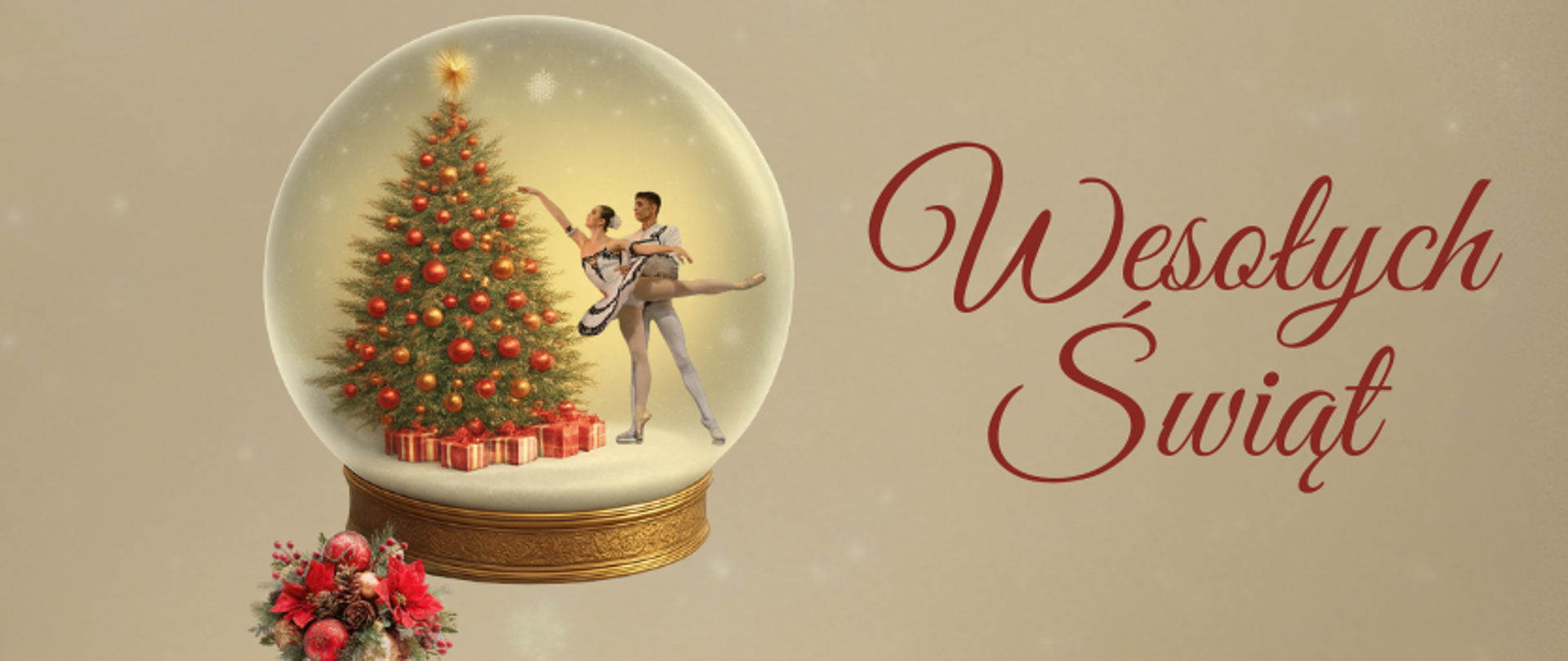 grafika: na jasnobeżowym tle śniegowa kula, w której znajduje się przystrojona choinka. W środku kuli stoi również para tancerzy baletowych -uczniów łódzkiej szkoły baletowej, w pozycji baletowej. Obok czerwony napis" Wesołych Świąt
