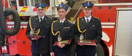 Przejście na zaopatrzenie emerytalne strażaków z podziału bojowego . Strażacy ubrania w ubrania wyjściowe , mundur koloru granatowego ze sznurem i czapką rogatywką. Stoją na tle samochodu specjalnego SHD 23, od lewej strony aspirant Łukasz Lachowski, starszy ogniomistrz Łukasz Dymus i starszy ogniomistrz Sławomir Kowalski