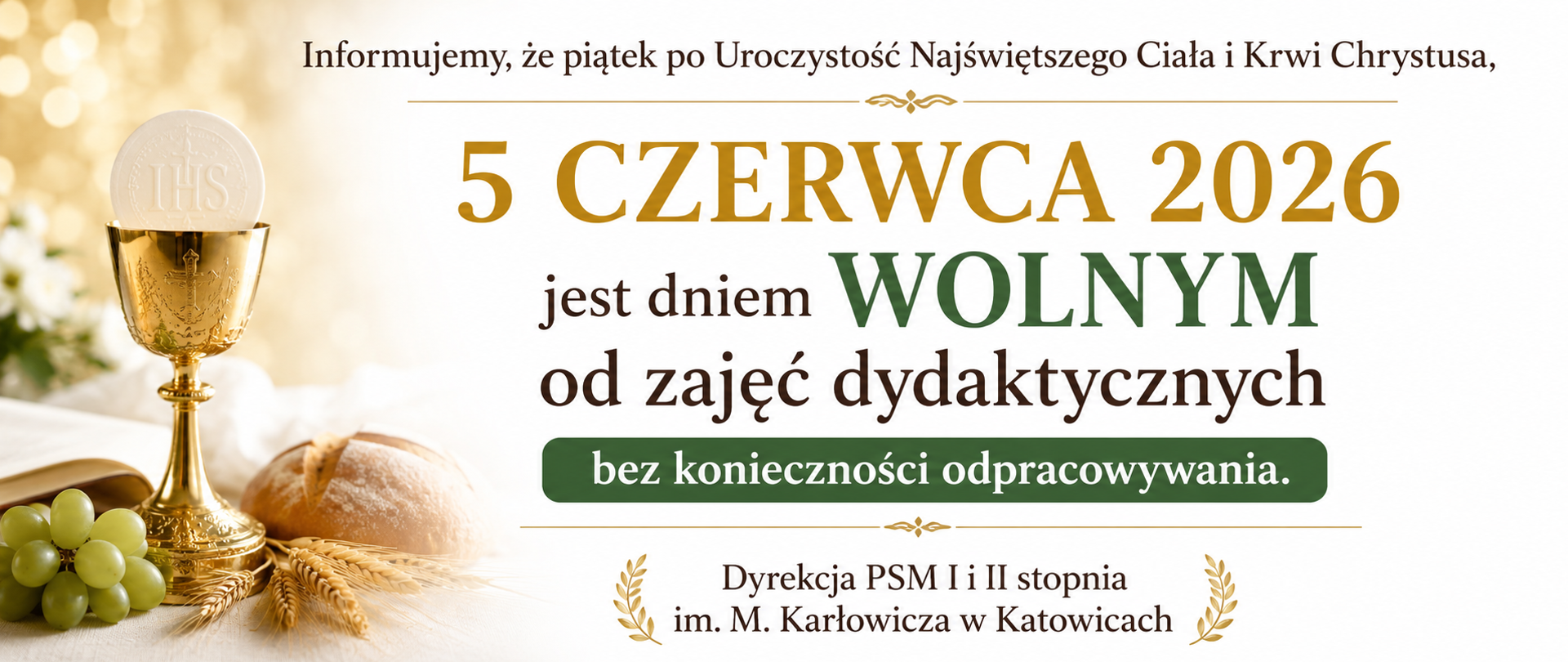 baner z informacją W dniu 4 czerwca br.
(Uroczystość Najświętszego Ciała i Krwi Chrystusa)
można korzystać
z sal ćwiczeniowych
w godzinach
9.00-19.00
Natomiast w piątek 5.06.2026
w godzinach
13.00-19.00
