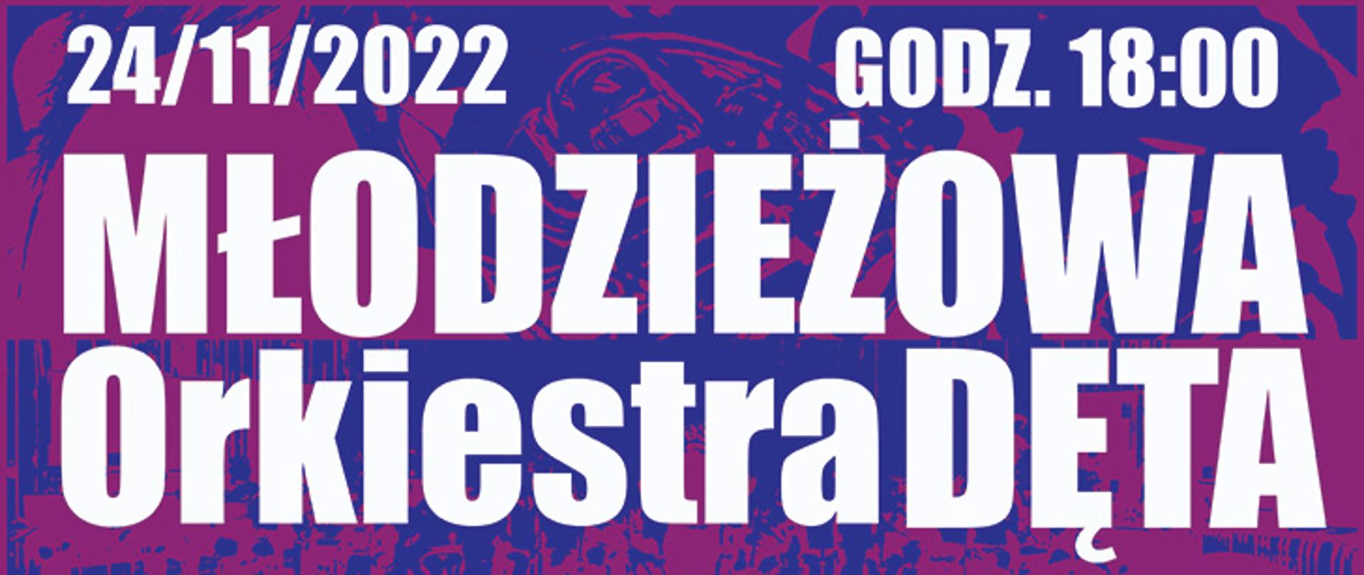 Bordowo niebieski plakat Młodzieżowa Orkiestra Dęta MDK w Czechowicach-Dziedzicach - koncert jubileuszowy, sala koncertowa ZPSM w Bielsku-Białej 