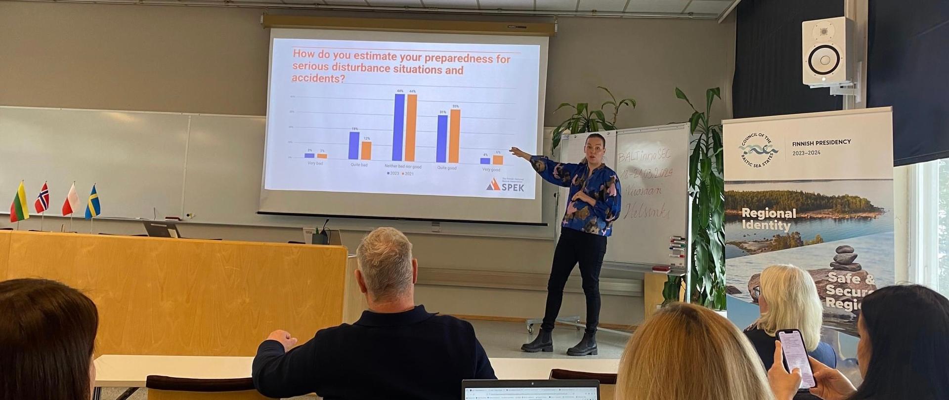 Na fotografii uczestnicy spotkania w Helsinkach zajęć w sali wykładowej. Na drugim planie prowadząca wykład kobieta omawia wykresy na wyświetlanej prezentacji multimedialnej
